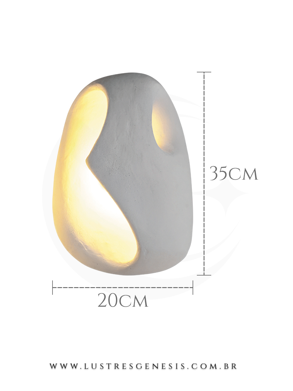 Arandela de parede modelo Dino em cimento, com iluminação indireta e design moderno, medindo 35cm de altura por 20cm de largura, ideal para cabeceira de cama, garagem, corredor e lavabos.